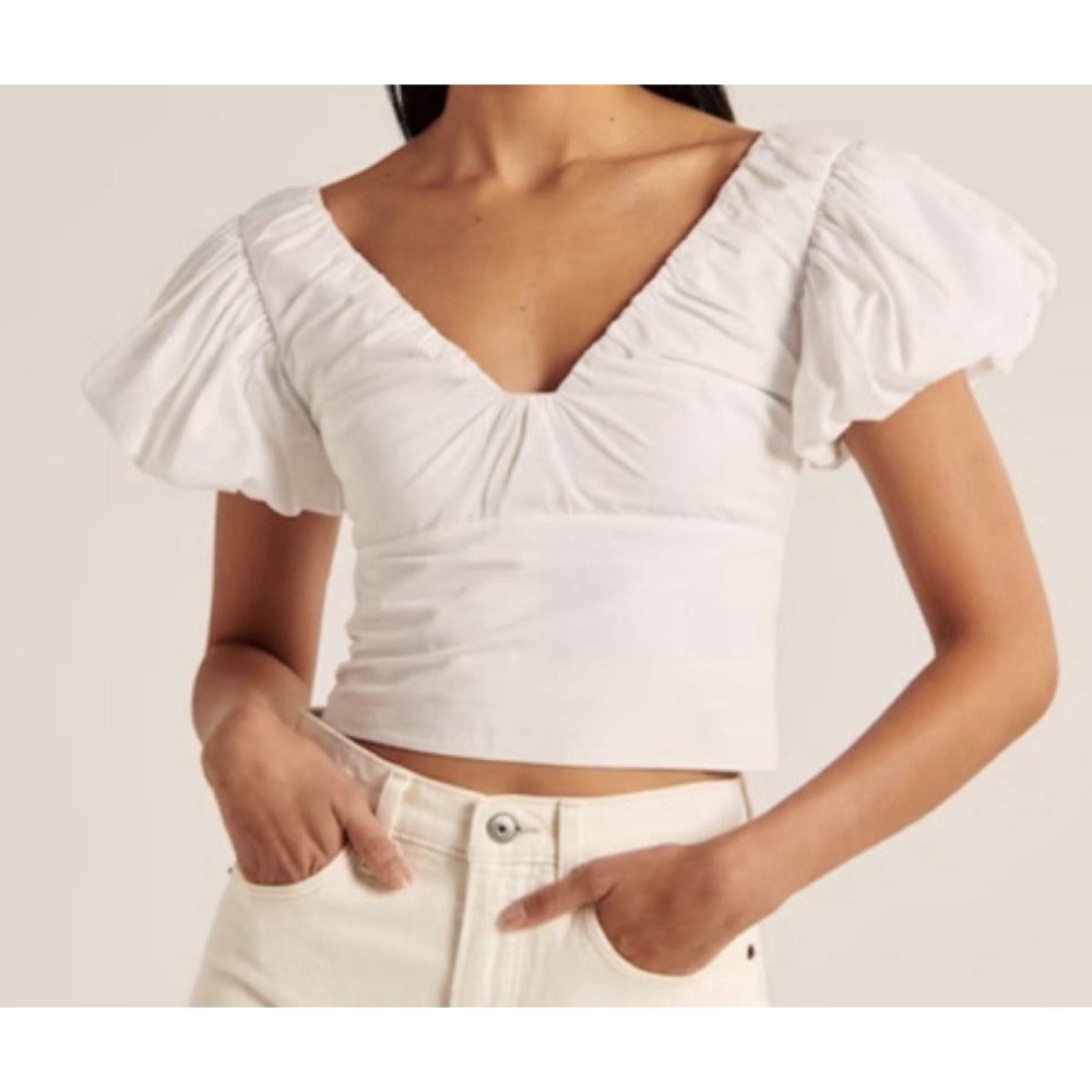 Abercrombie & Fitch‎ White Puff Sleeve Cropped V-Neck Ruched Blouse XS